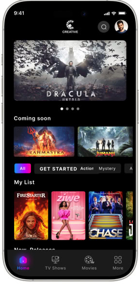 Powered OTT app interface showcasing Dracula, Jumanji, and other titles.