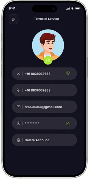 Mobile app interface showing user account details and terms of service.