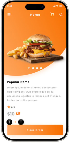Mobile food ordering app showcasing burger and fries on screen.