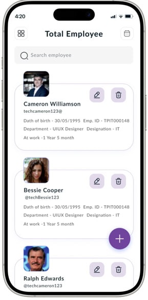 Employee management interface with profile details and options to edit or delete.