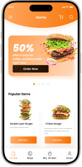 Food app banner with burger and discount offer for online ordering.