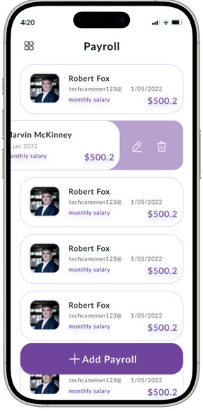 Employee management interface with payroll details and profile images.