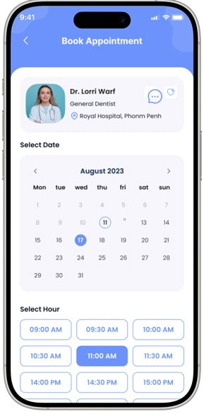 Healthcare app booking screen with appointment scheduling features.