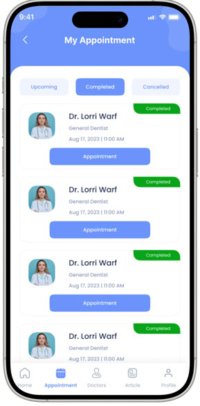 Healthcare App UI for appointment management.